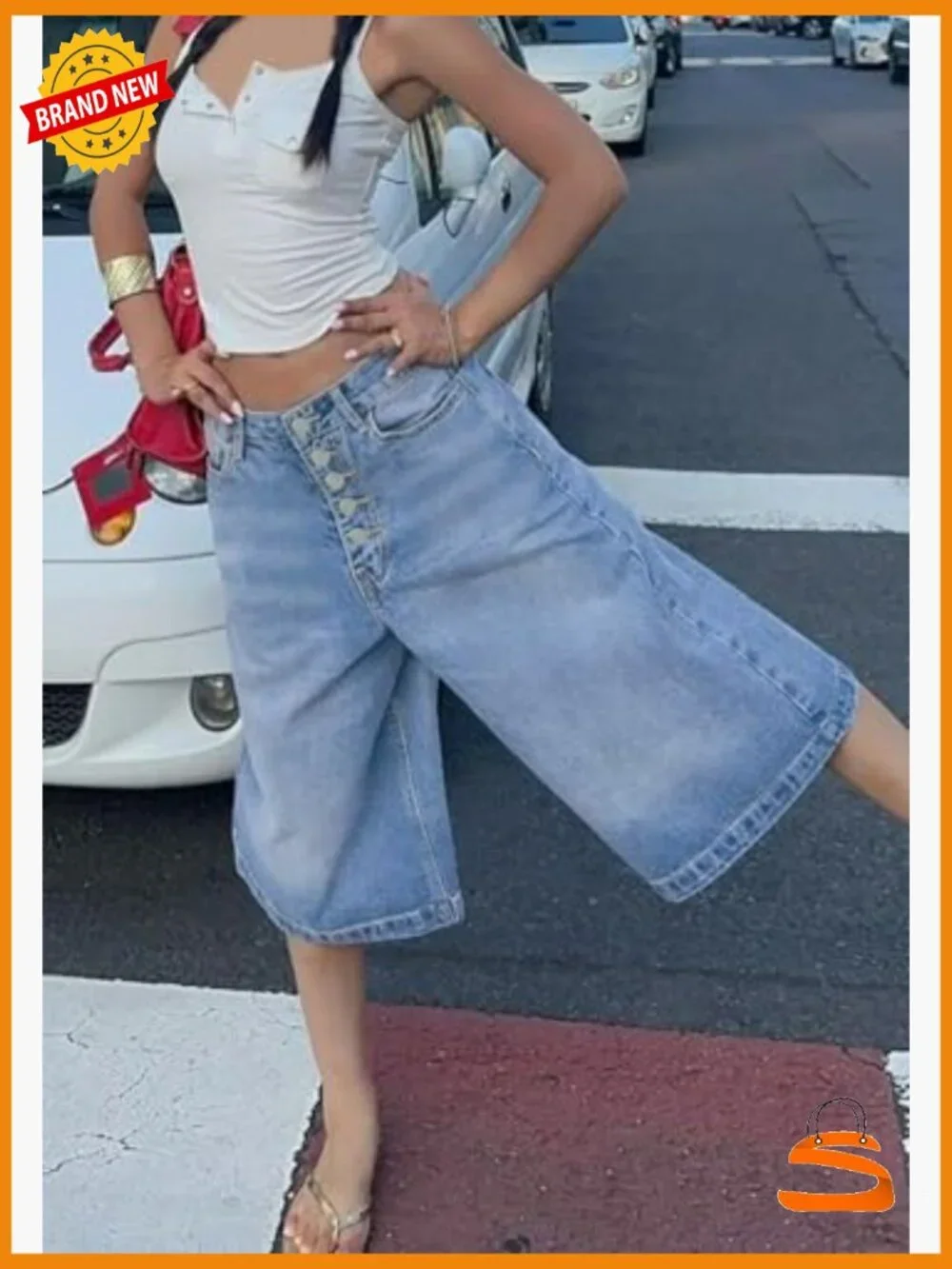Baggy Cargo Capri Jeans Wide Leg High Waist Casual Denim Bermuda Jorts